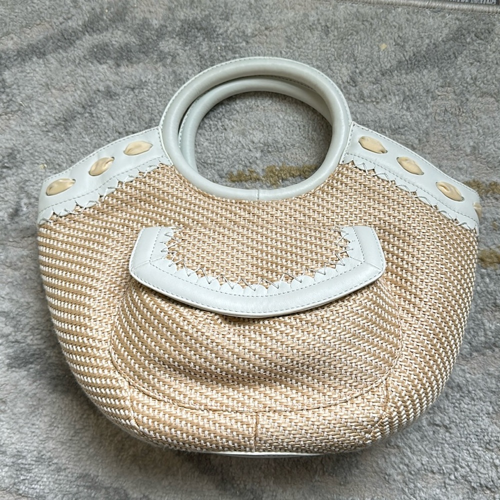 Cole haan woven bag circular leather straps Sarah straw natural